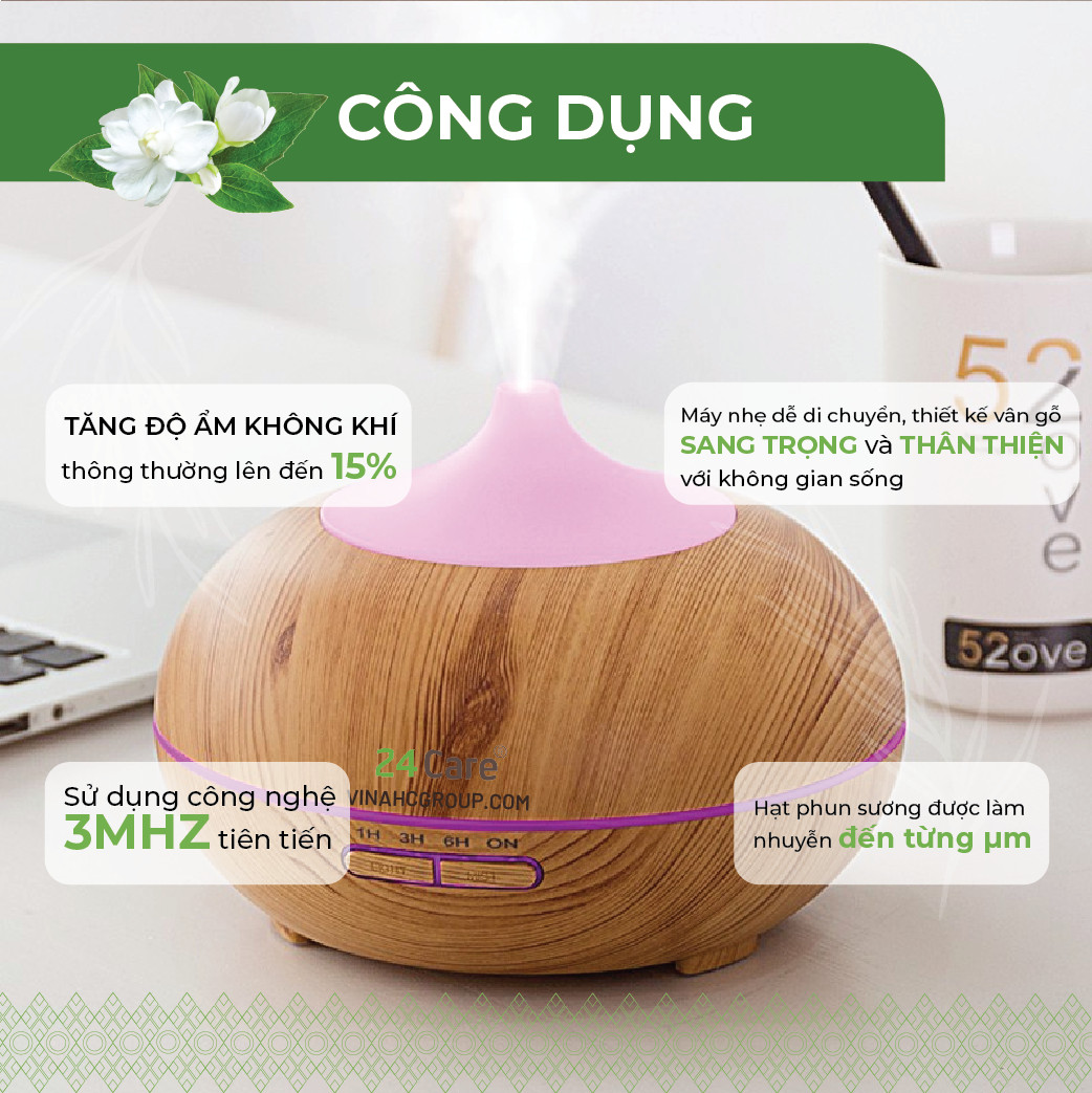 Máy khuếch tán Tinh Dầu 24Care Bí Ngô Vàng Ultrasonic 500ml, Tặng 3 Chai Tinh dầu Sả Chanh + Bạc Hà + Oải Hương 24Care 10ml | Xông Phòng | Kèm Remote Điều Khiển |Công nghệ siêu âm tiên tiến.