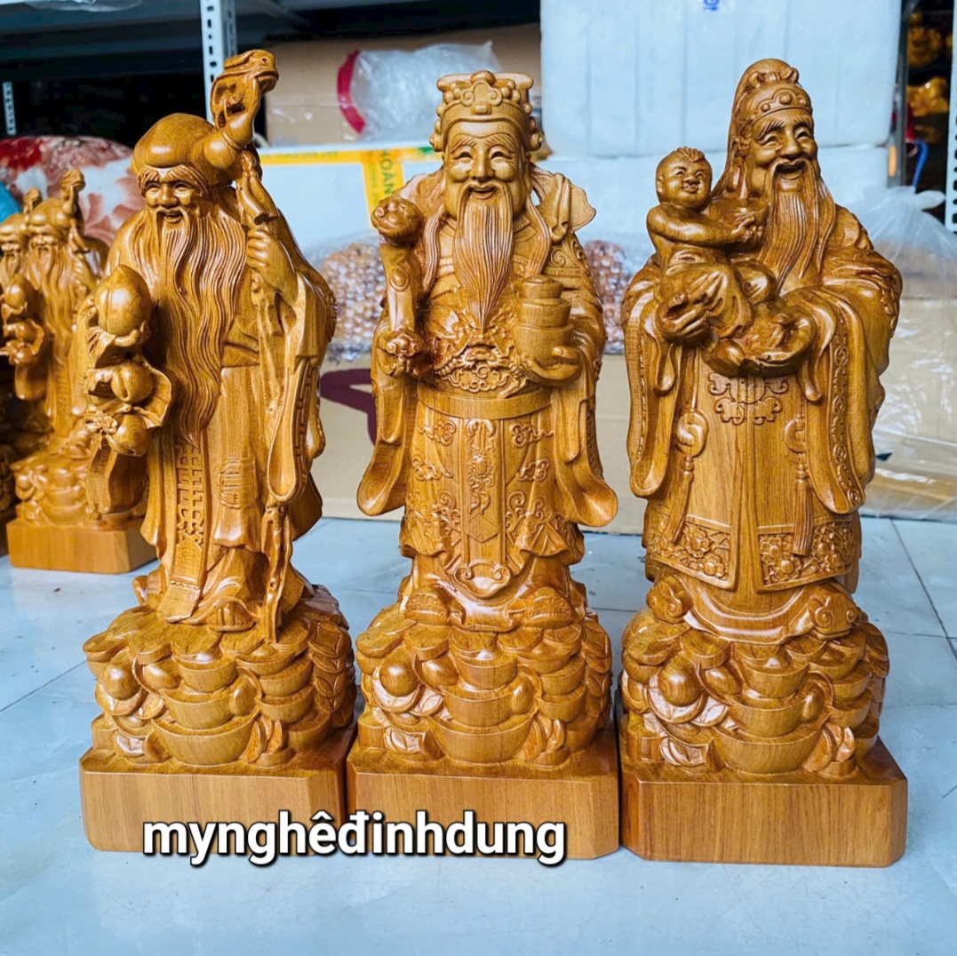 Bộ tượng tam đá phúc lộc thọ bằng gỗ bách xanh thơm nức kt cao 30x11x9cm