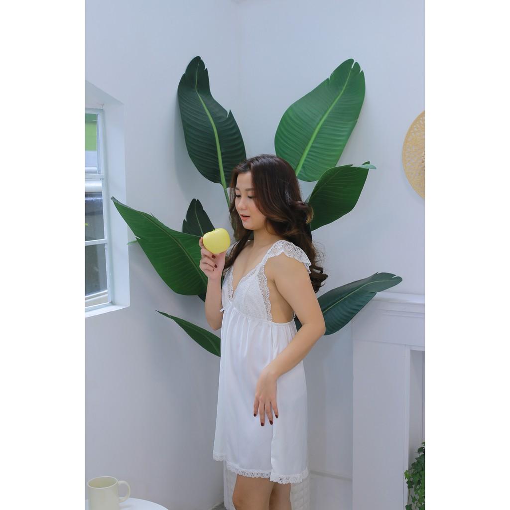 Váy ngủ lụa cánh tiên phối ren-Màu trắng tặng kèm quần chip ren
