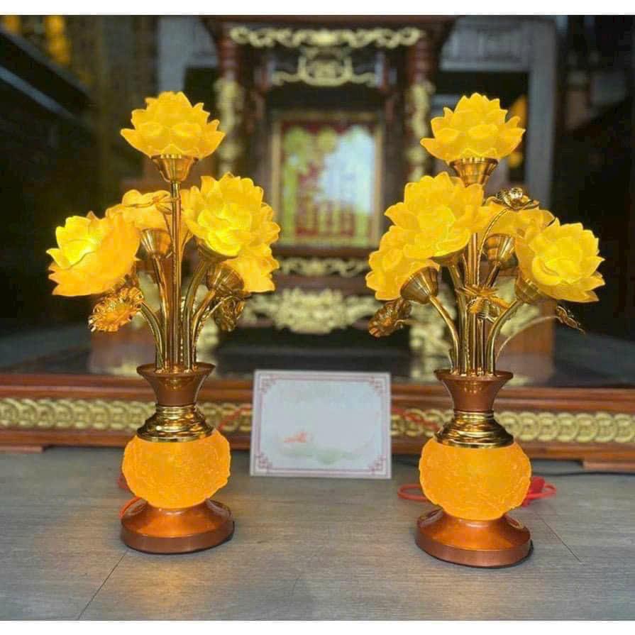 cặp đèn lưu ly 5 bông dáng lục bình RỒNG VIỆT, Cặp đèn thờ thân hợp kim bình lưu ly cao cấp