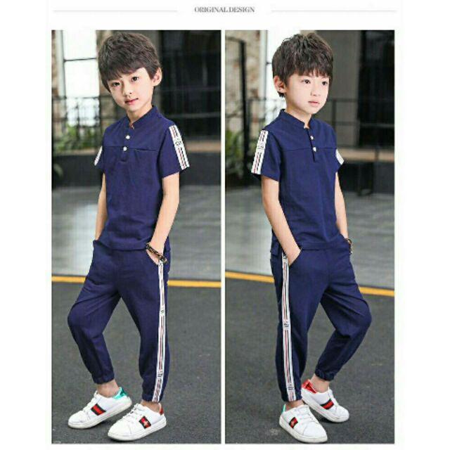 Bộ bé trai phong cách hàn quốc cổ trụ thun cotton xinh mát hàng vnxk