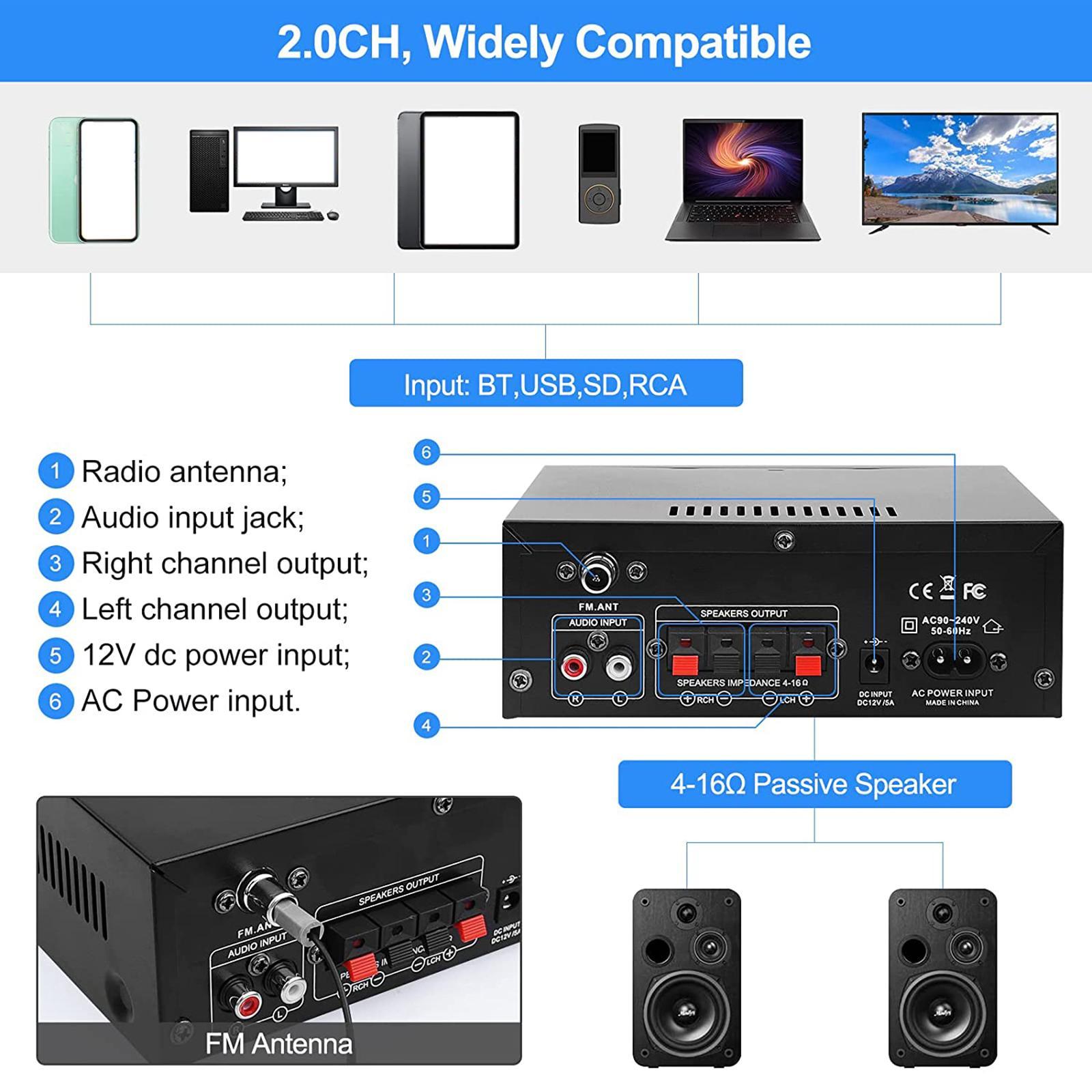 AK45 Audio Power Amplifier with Microphone 2.0 Channel HiFi Stereo Amplifier