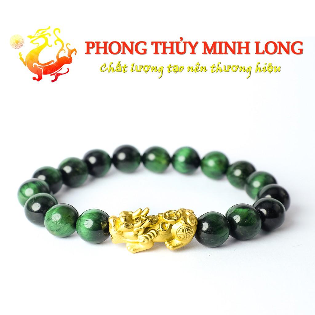 Vòng tay đá Mắt Hổ Xanh Lá chất lượng 5A mix Tỳ Hưu Vàng hợp mệnh Mộc và Hỏa