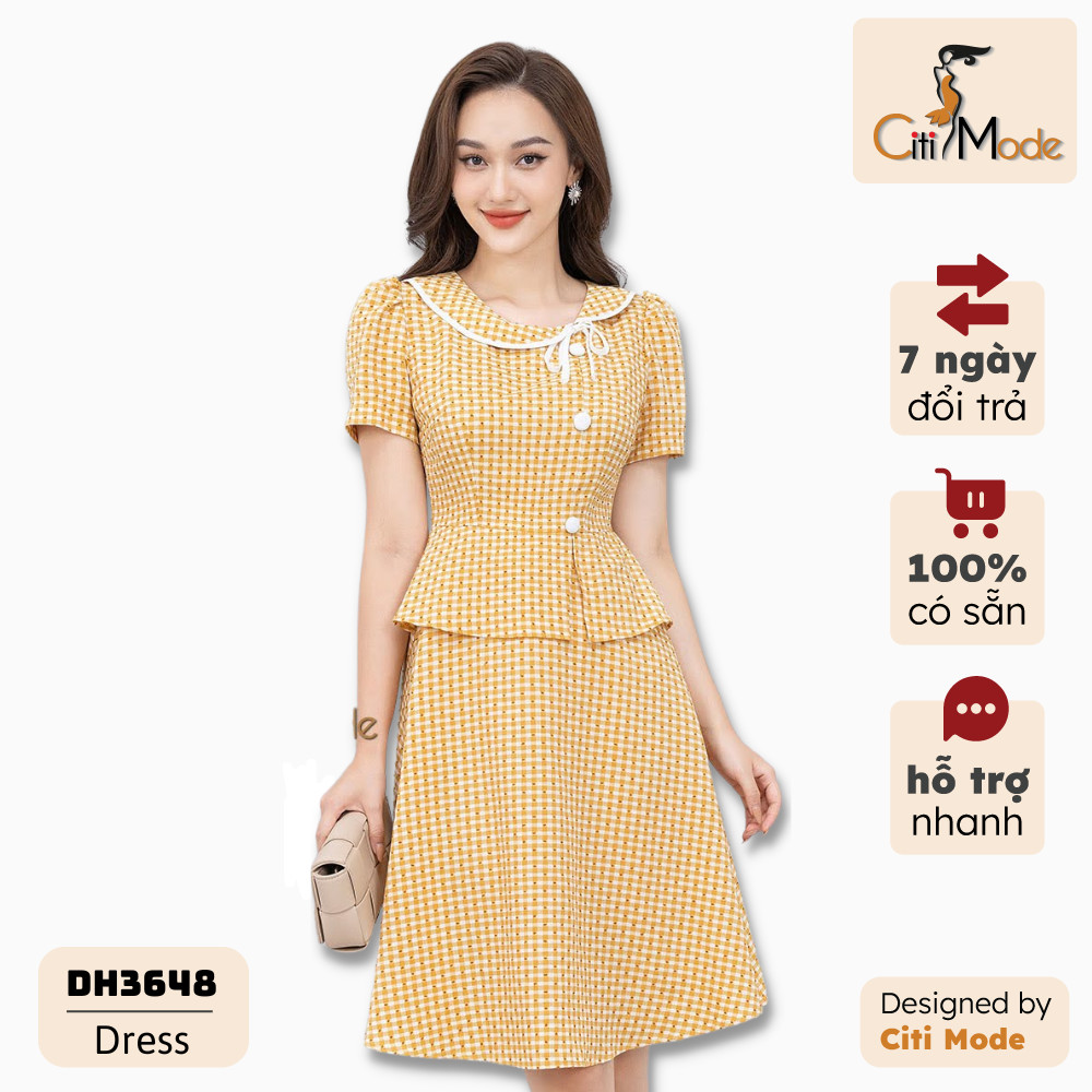 Đầm xòe peplum công sở vàng CITI MODE phối cúc lệch DH3648