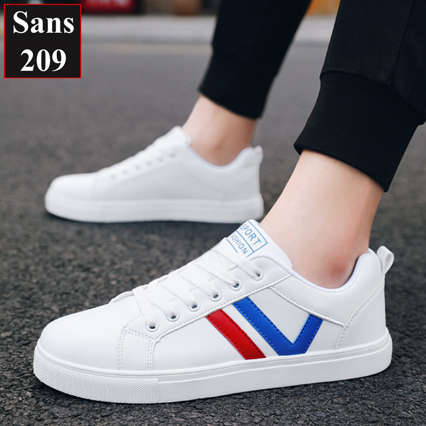 Giày thể thao nam sneaker Sans209 giầy sport trắng cổ thấp đế bệt sọc đen đỏ vàng bền đẹp thời trang hàn quốc trẻ trung