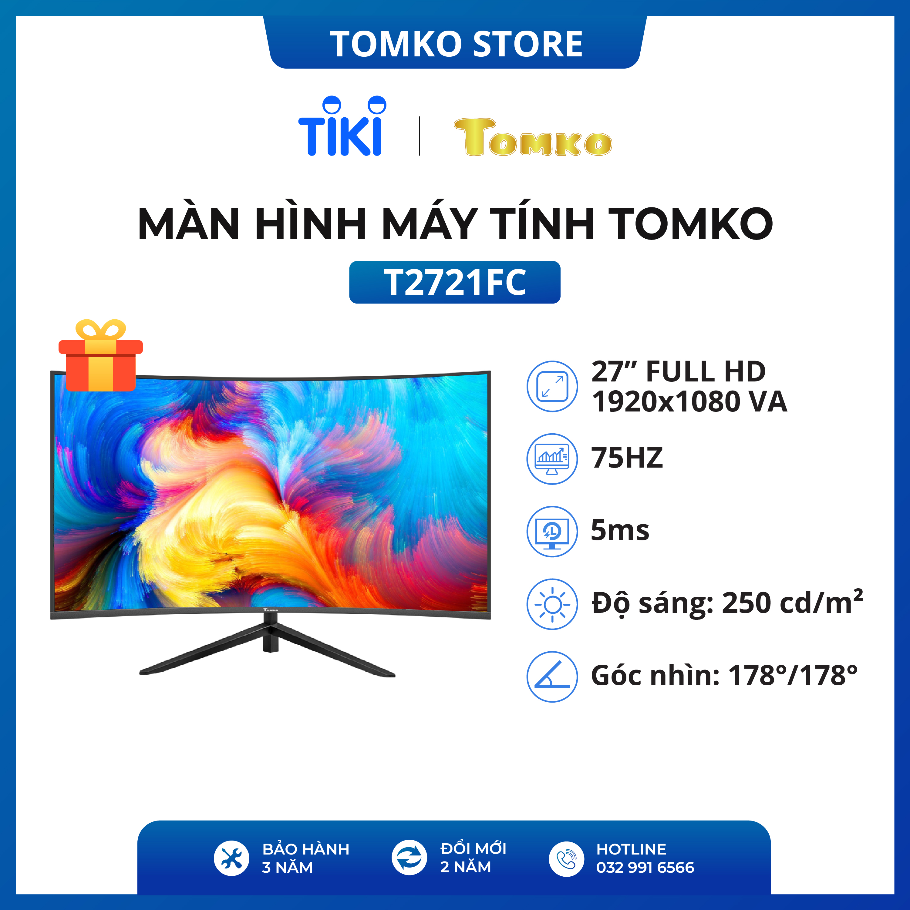 Màn hình máy tính cong Full Viền - 27 inch 75Hz Tomko T2721FC , Mới 100% chính hãng - siêu chất lượng - Hàng Chính Hãng