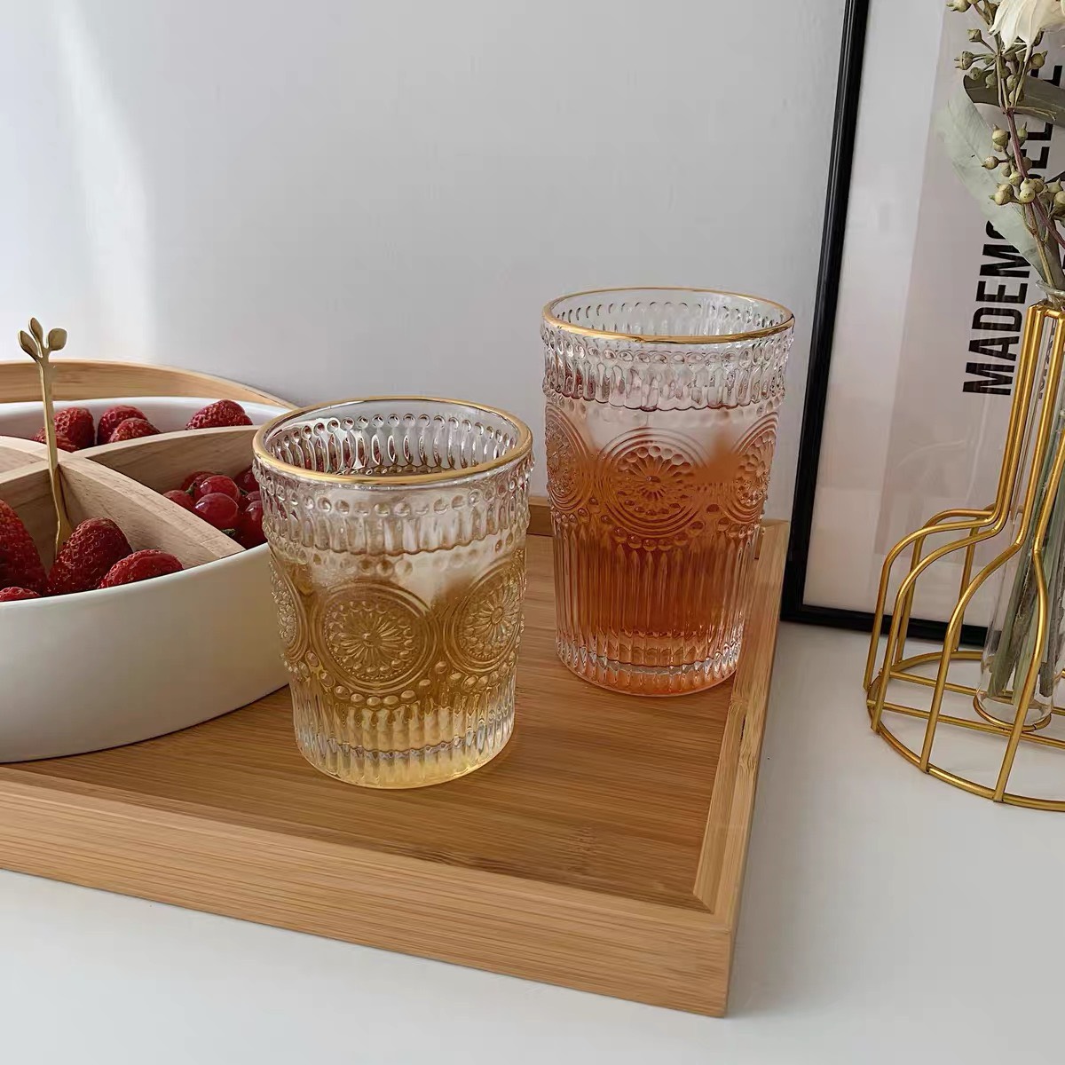 BỘ 6 CỐC THỦY TINH UỐNG NƯỚC VIỀN VÀNG HOA VĂN TRÒN NỔI
