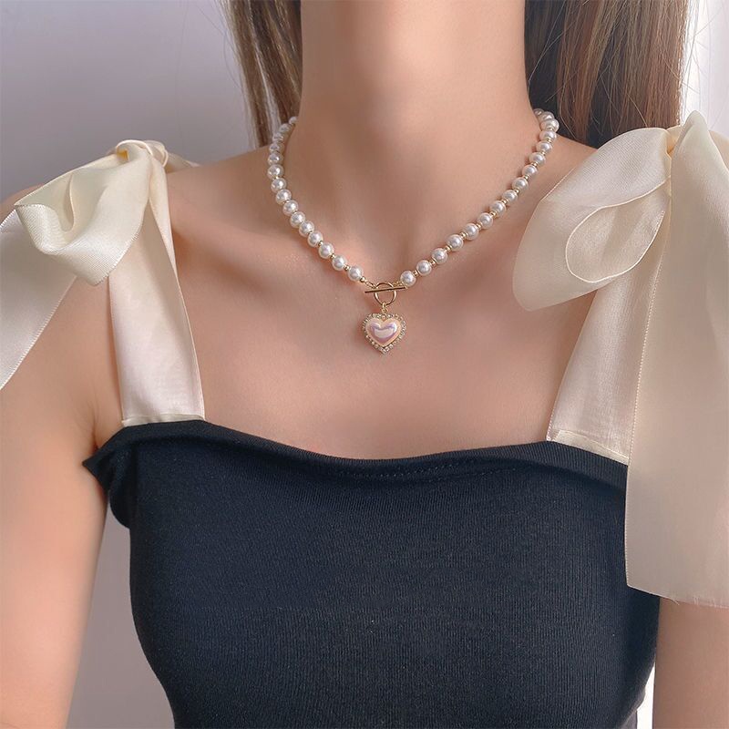 Vòng Cổ Choker Mặt Trái Tim Đính Ngọc Trai Thời Trang Cho Nữ