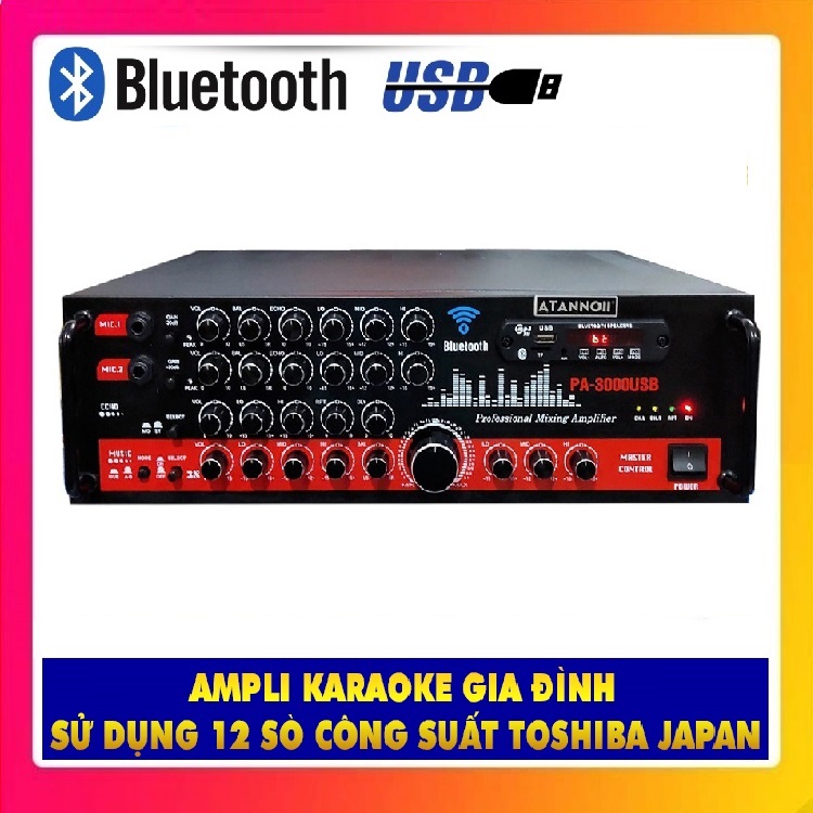 Ampli Bluetooth Karaoke ATANNOII PA - 3000USB - Amply 12 sò lớn - nút nhôm - quạt tản nhiệt - Hàng chính hãng