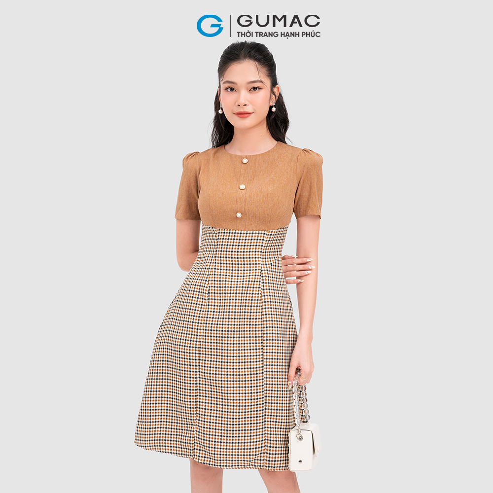 Đầm caro GUMAC DC11071 đính nút trẻ trung