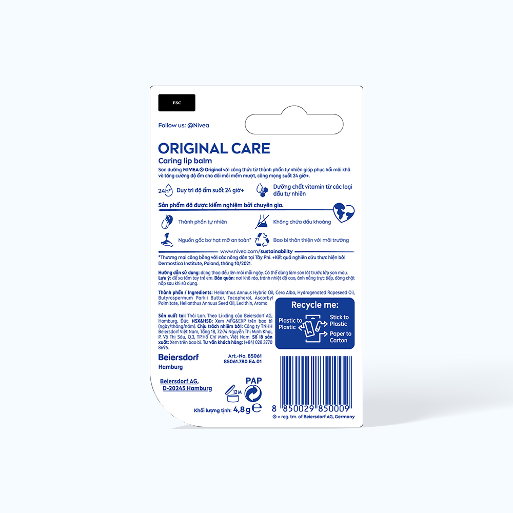 Son Dưỡng Môi NIVEA Original Care Caring Lip Không Màu ( Thỏi 4.8g)