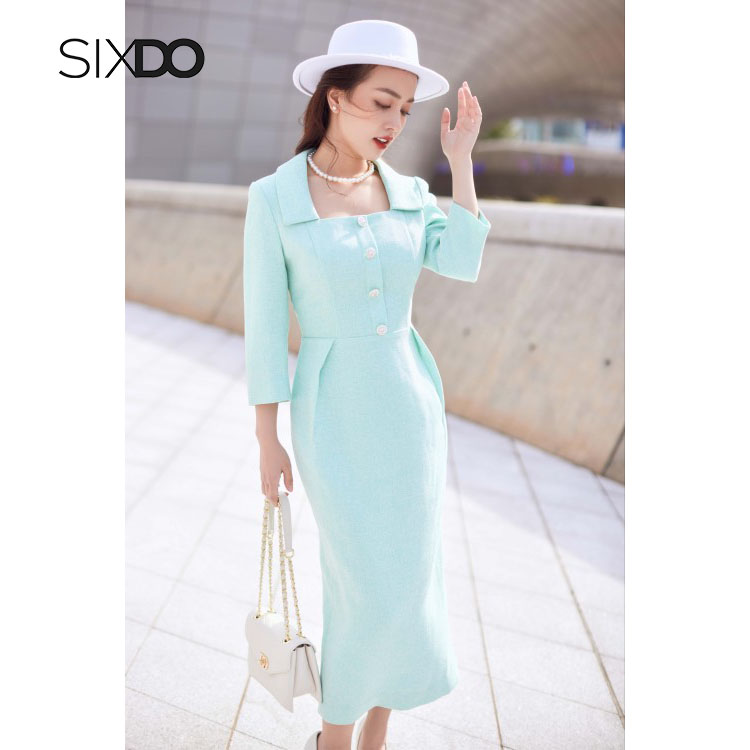 Đầm midi tweed cổ vuông thanh lịch SIXDO