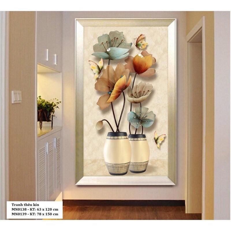 Tranh thêu bình hoa nghệ thuật MN0138  - kích thước: 63 * 120cm.