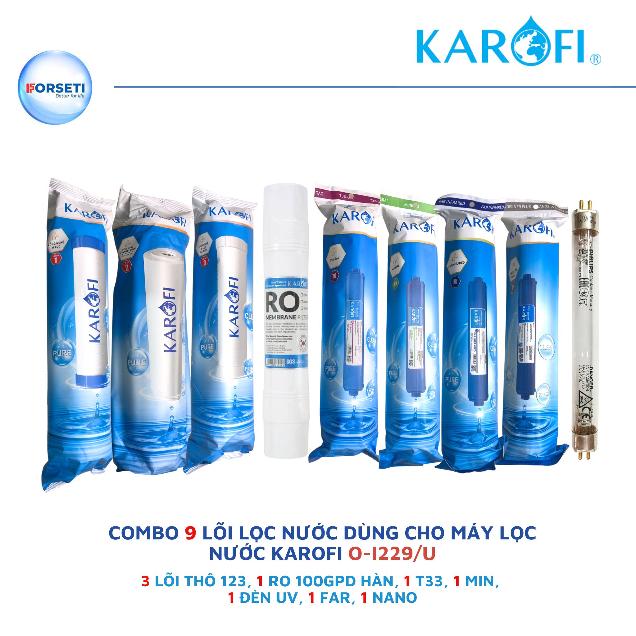 Combo 9 lõi lọc nước Karofi chính hãng dùng cho máy lọc nước Karofi O-i229/U - Hàng chính hãng