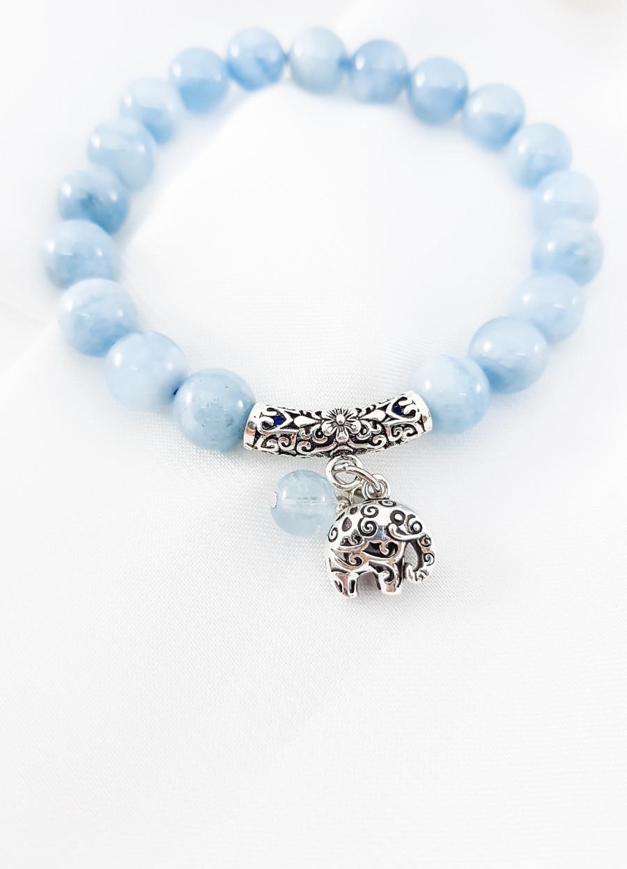 Vòng tay mệnh thủy, mộc đá Aquamarine mix charm con voi