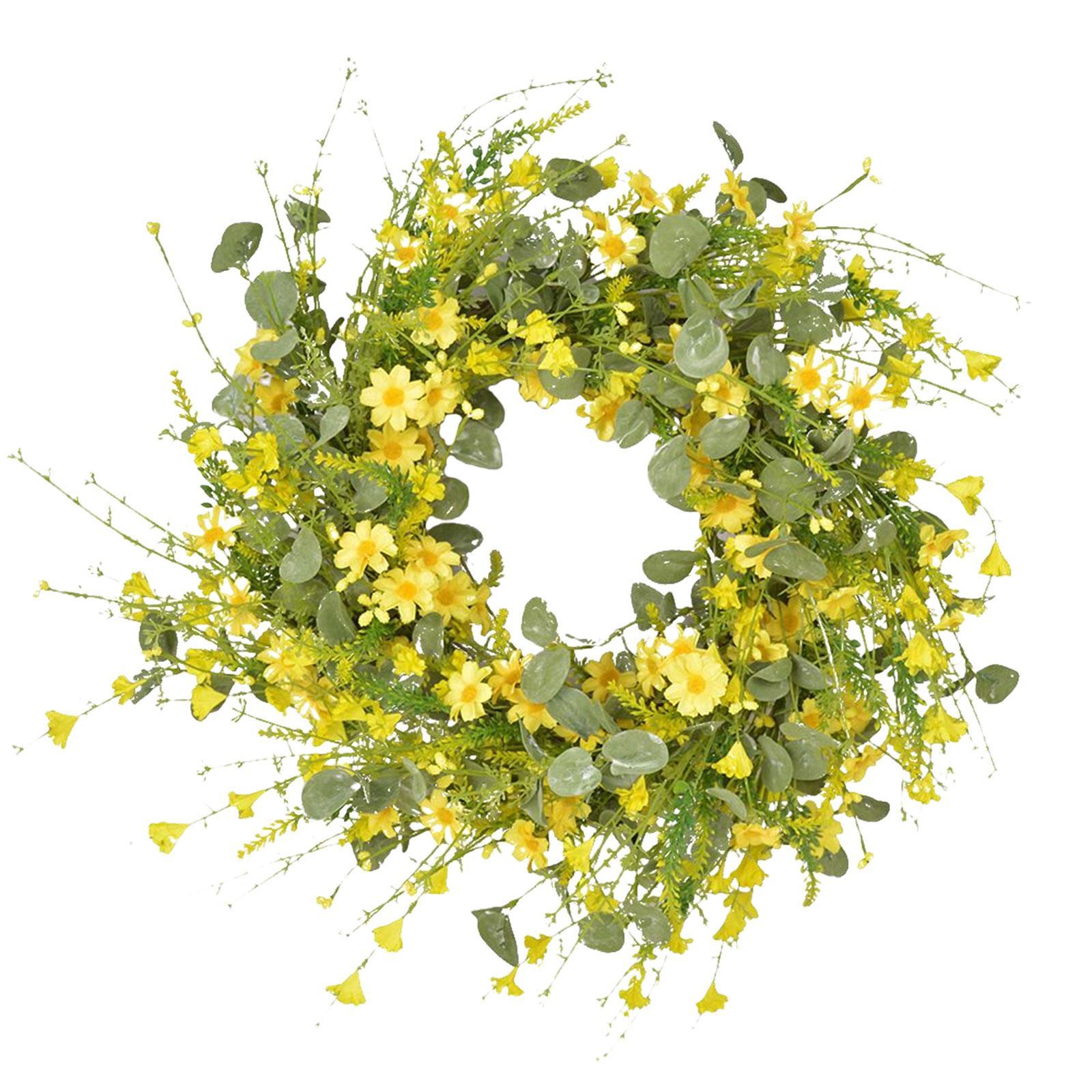 Artificial Daisy Eucalyptus Wreath, Front Door Hanging Floral Simulated Flower Wreath for Festival Holidays Window Home Decor Patio