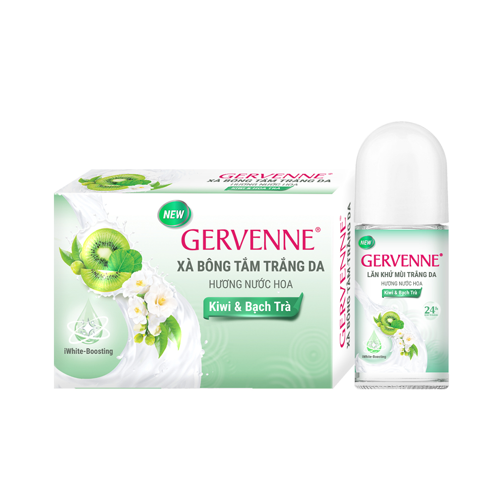 Combo Xà bông tắm trắng Gervenne 90g và Lăn khử mùi trắng da hương trái cây 50ml