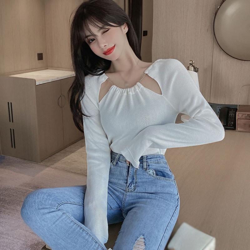 Áo thun tay dài màu trơn hợp thời trang cho nữ