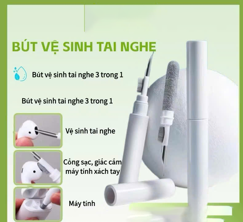 Bộ dụng cụ vệ sinh tai nghe 3 trong 1 làm sạch tai nghe, chân sạc điện thoại, laptop, máy tính, máy ảnh đa năng - Hàng chính hãng