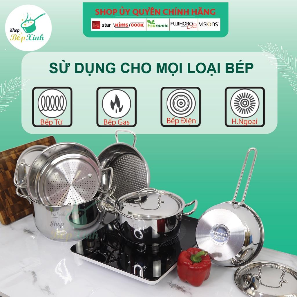 Bộ nồi inox FIVESTAR 5 chiếc 3 đáy bếp từ nắp inox ( 1 quánh 18cm x 1 N20cm , 1bộ nồi xửng 24cm, 1 chảo caro 24cm )