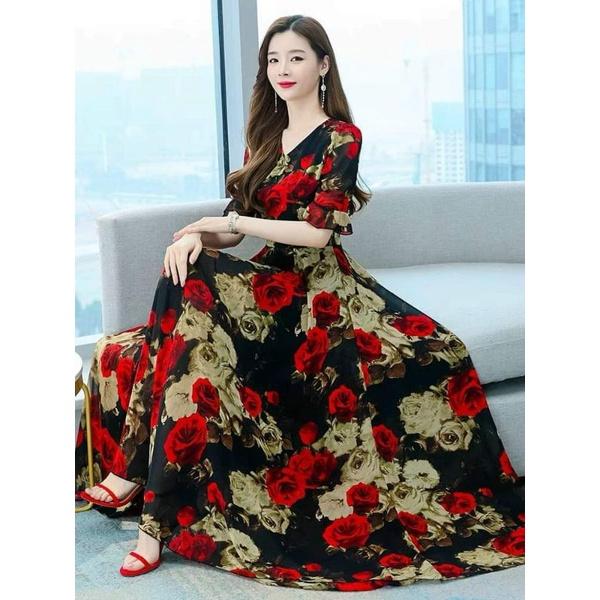 HÀNG NHẬP - ĐẦM MAXI VOAN CỔ V TAY LOE