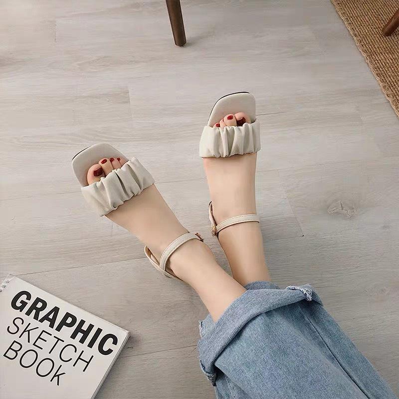 Dép sandal nữ cao gót quai nhăn gót vuông chất da mềm