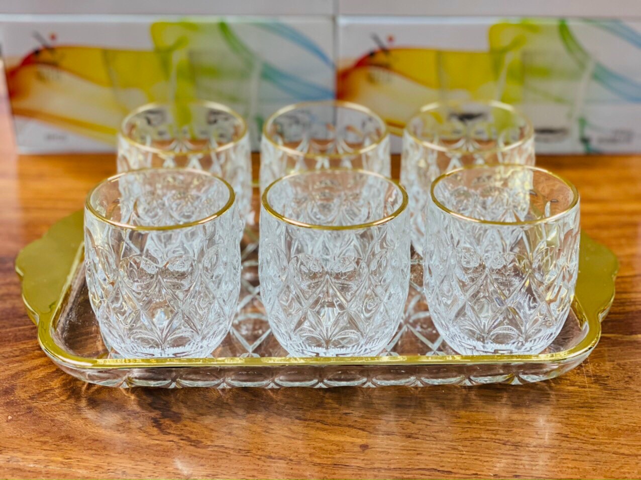 Bộ 6 cốc thuỷ tinh ô trám viền vàng - ABD