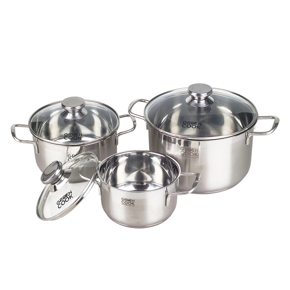 Bộ nồi inox 3 đáy Greencook GCS06-T01 gồm 3 chiếc 3 size thân cao, không bị nổi đáy, dùng được trên bếp ga, bếp hồng ngoại, bếp từ, bếp than-hàng chính hãng