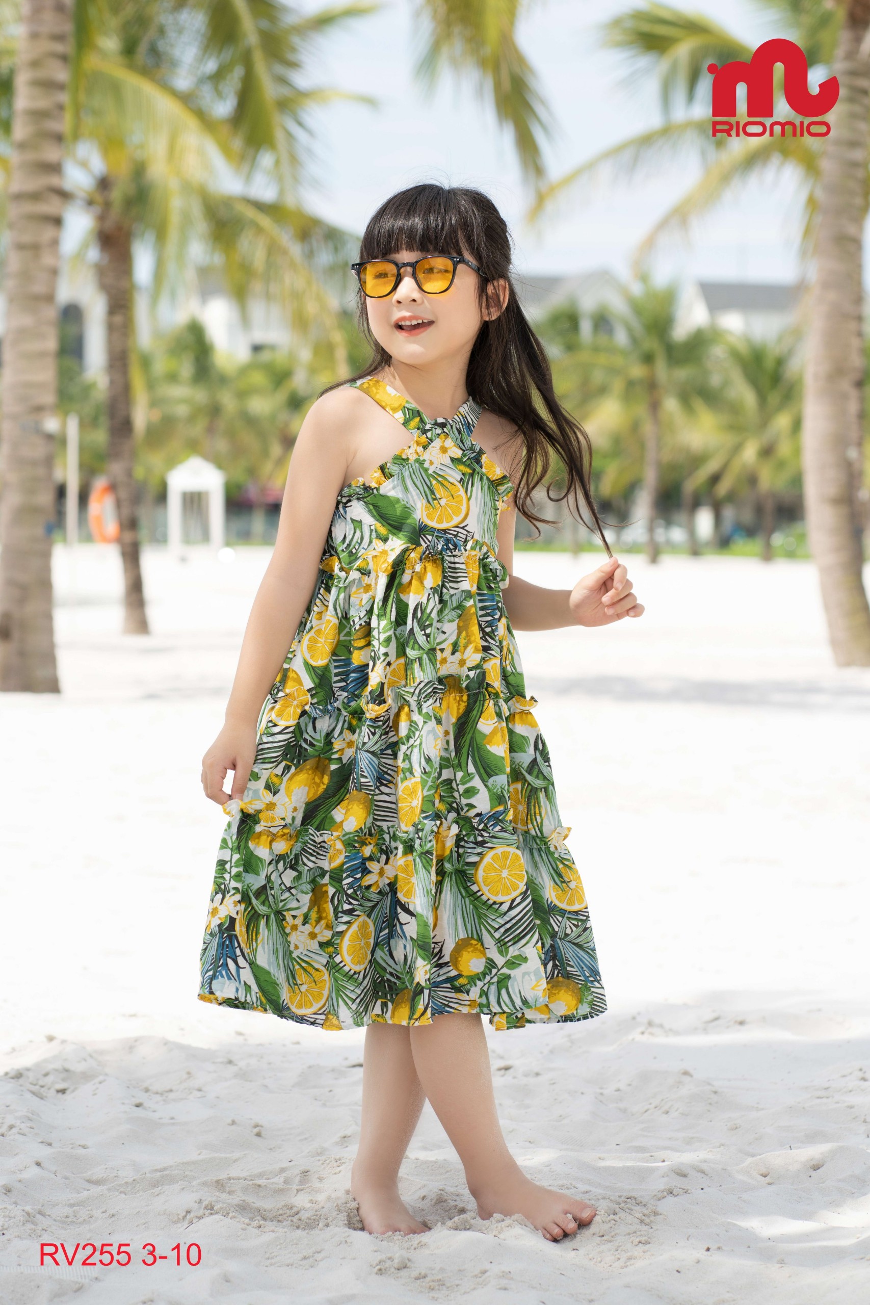 Váy đi biển cho bé gái 3-11 tuổi (15-40kg) RIOMIO 2 dây vải đũi họa tiết hoa quả xinh xắn - RV255