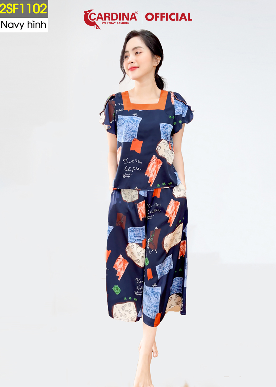 Đồ Bộ Nữ CARDINA Chất Lụa Satin Nhật Cao Cấp Áo Cổ Vuông Tay Bèo Quần Culottes Thời Trang 2SF11