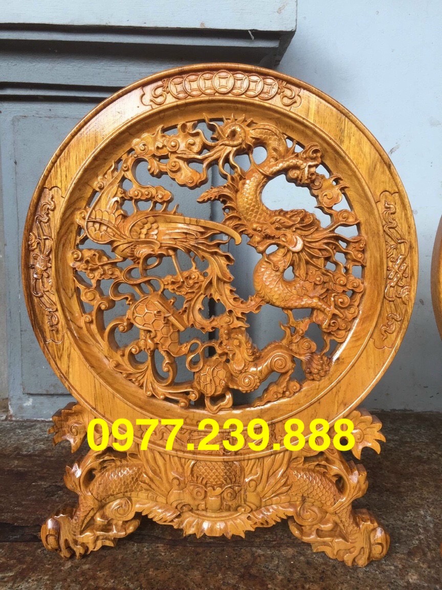 Đĩa tứ linh gỗ gụ 40cm