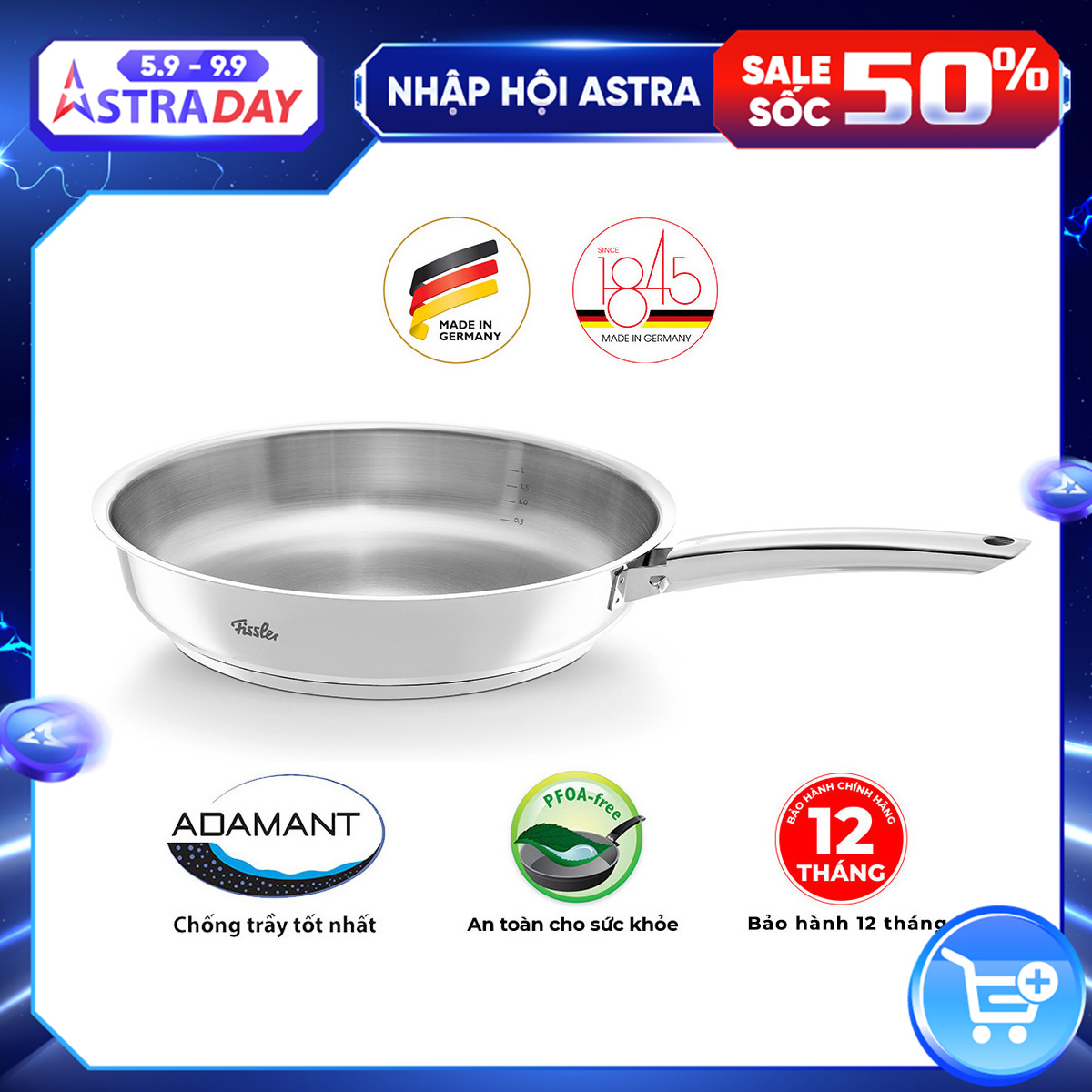 Chảo inox Fissler Steelux cao cấp tay cầm inox 24cm Hàng chính hãng