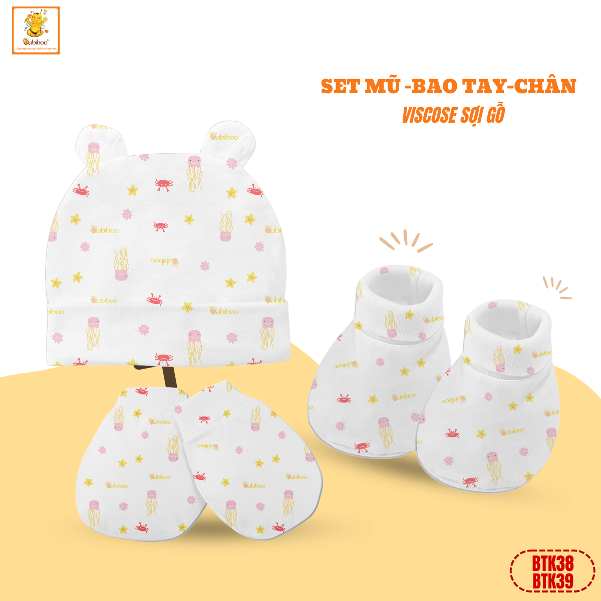 Set mũ, bao tay,bao chân cho bé Babiboo chất liệu viscose họa tiết xinh xắn, mềm mại BTK38 +BTK39