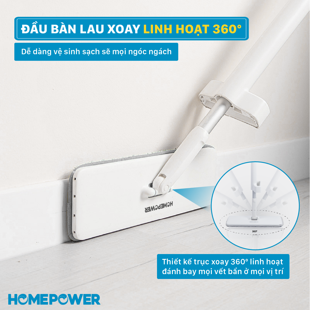 Cây Lau Nhà Tự Vắt Thông Minh 360 Độ Homepower CS-01, Thân Nhôm Sang Trọng, Cao Cấp, Bông Lau Microfiber Siêu Thấm Hút