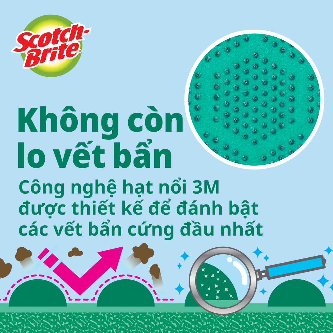 Miếng rửa chén hạt nổi siêu sạch Scotch Brite 3M đa năng, công nghệ độc quyền mới, mút kháng khuẩn ngăn vi trùng, không gây mùi, không bám cặn bẩn, dễ dàng vệ sinh