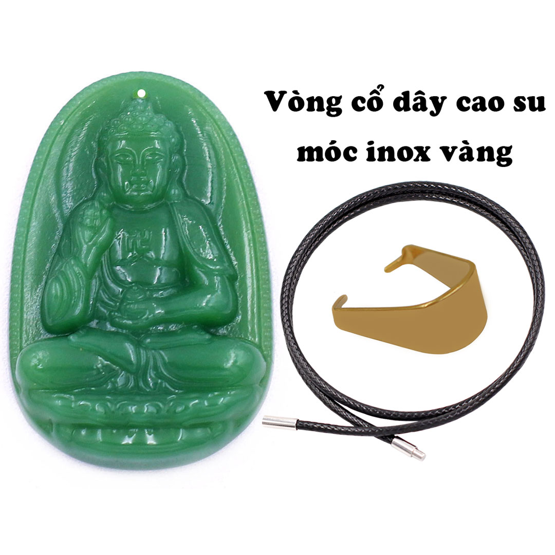 Mặt Phật A di đà thạch anh xanh lá 5 cm kèm móc và vòng cổ dây cao su, Mặt Phật bản mệnh size L, mặt dây chuyền Phật