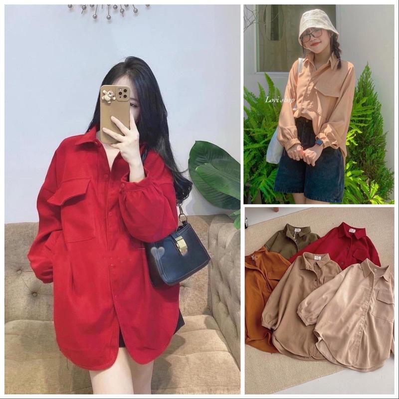 Áo sơ mi nhung tay cánh dơi form rộng 1 túi nắp viền Lovi