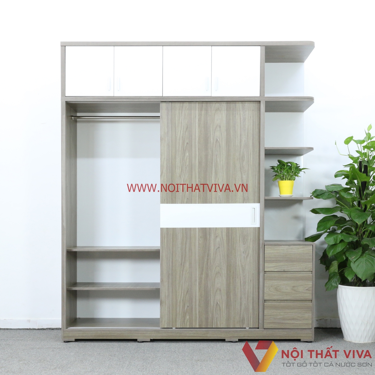 Tủ Quần Áo Kịch Trần Cửa Lùa Gỗ MDF Có Kệ Trang Trí Màu Xám Chỉ Trắng