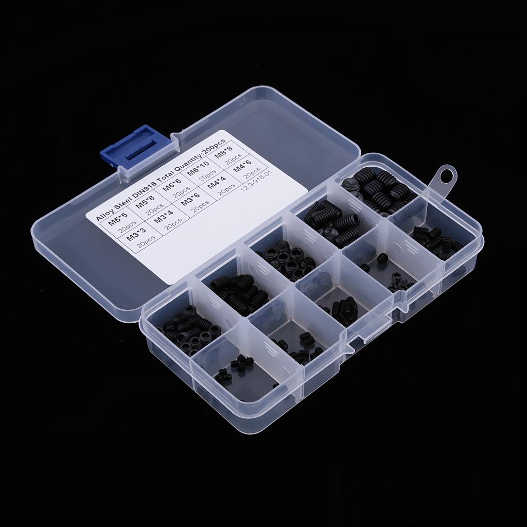 200Pcs M3 M4 M5 M6 M8 Carbon Steel Head Hex Socket Grub Screws Assorted Kit