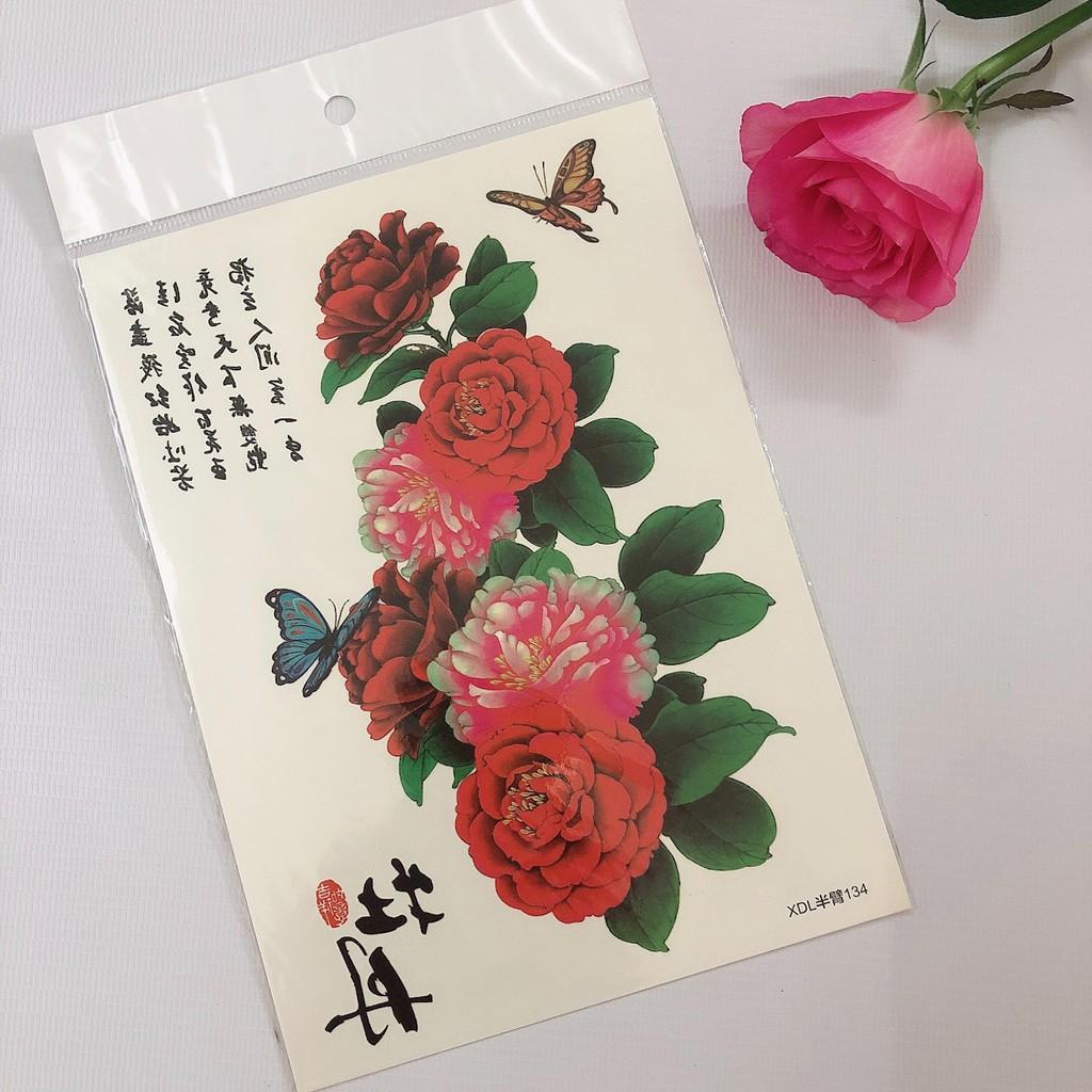 Hình xăm dán hoa hồng đỏ hoa văn bắp tay- quà tặng kèm