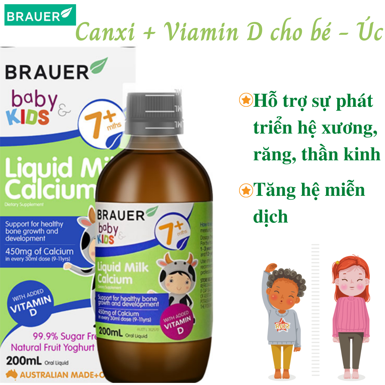 Canxi sữa và Vitamin D cho bé từ 7 tháng Brauer Liquid Milk Calcium Úc tăng chiều cao, phát triển xương, răng, ngủ ngon - Massel Official - 200ml/lọ