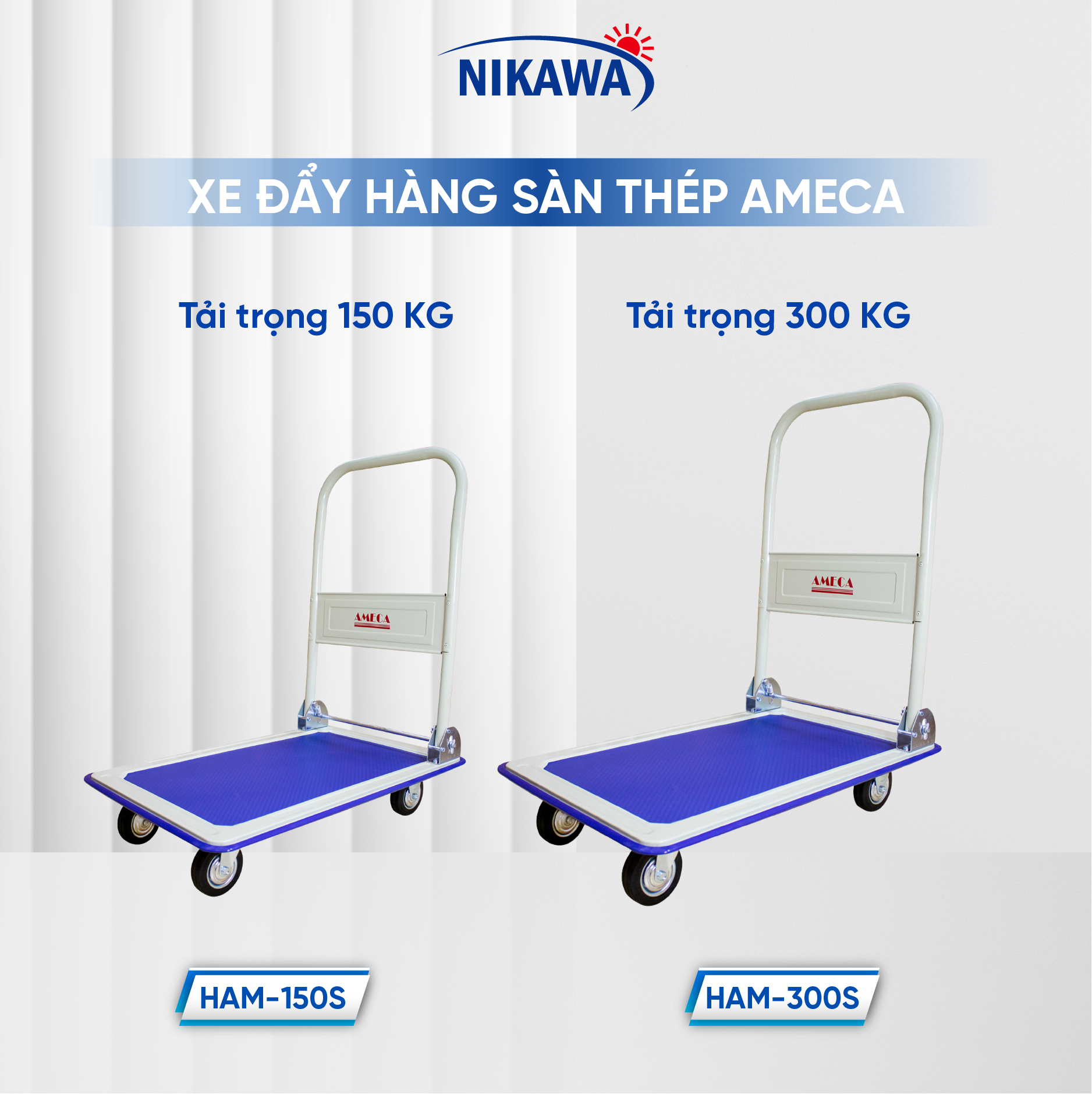 Xe Đẩy Hàng 4 Bánh Ameca HAM-300S- Sàn thép, Khung Thép, Giảm ồn, Gấp gọn, tải trọng 300kg
