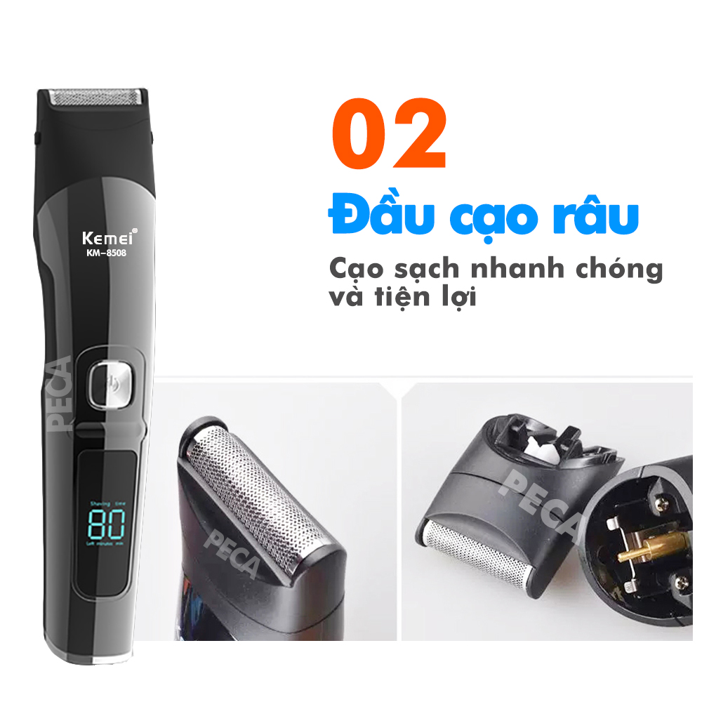 Tông đơ cắt tóc đa năng 11in1 Kemei KM-8508 nhiều đầu thay thế dùng cắt tóc, chấn viền, cạo râu, cạo lông, tỉa lông mũi, cạo chân mày,...có màn hình LED hiển thị điều chỉnh 2 mức tốc độ sạc nhanh 2h