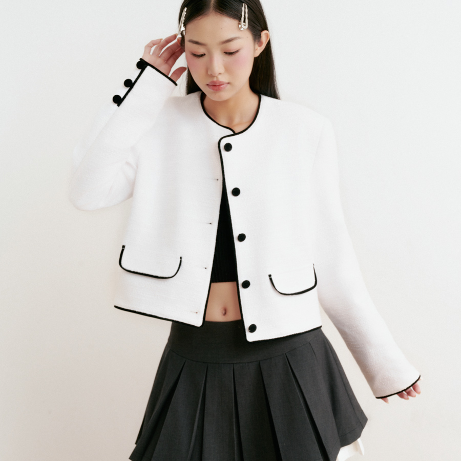 DOTTIE - Áo khoác vải tweed phối viền - Trắng - T0845