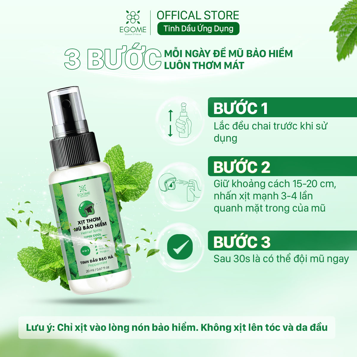 Xịt Thơm Mũ Bảo Hiểm Egome Tinh Dầu Bạc Hà làm sạch, khử mùi mũ bảo hiểm 20ml