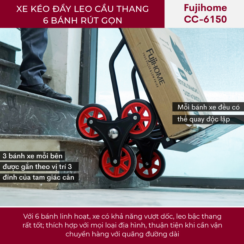 Xe đẩy hàng leo cầu thang 6 bánh Nhập Khẩu Nhật Bản Fujihome 150kg, xe kéo hàng leo cầu thang gấp gọn siêu thị đa năng stair trolley