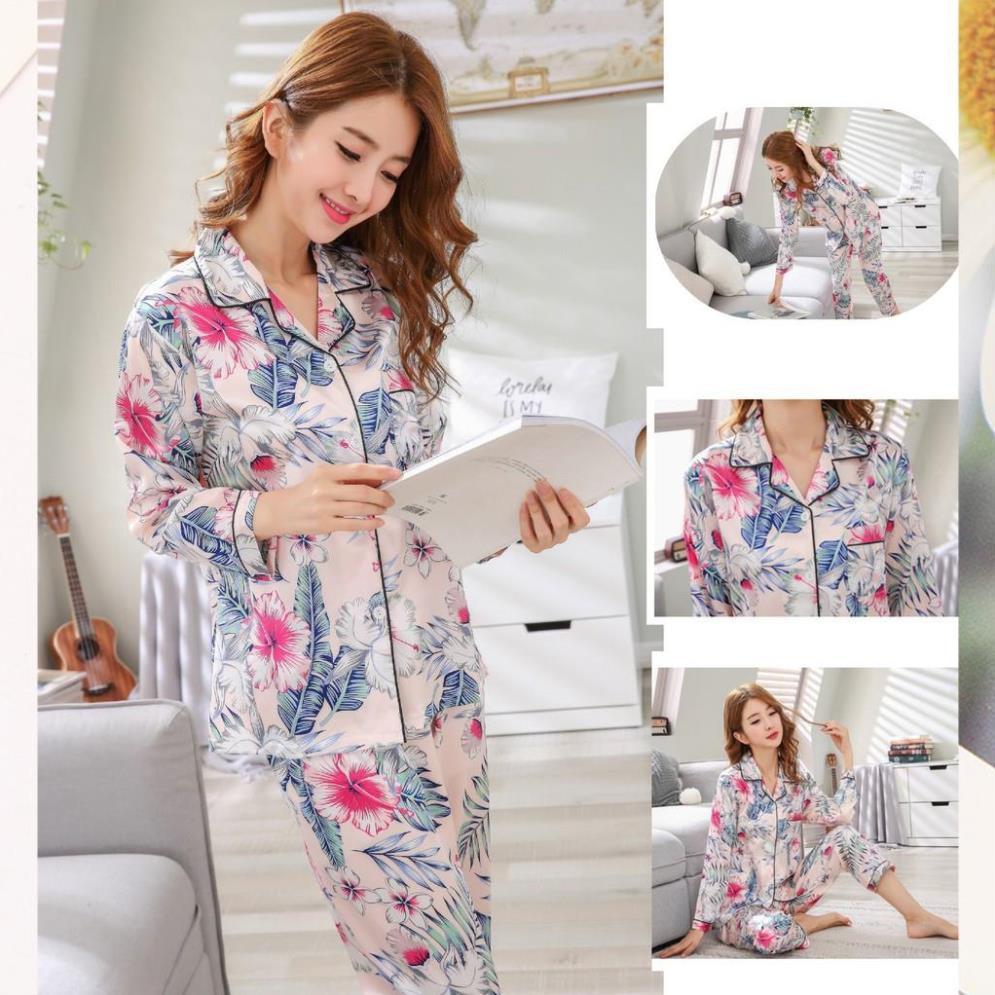 Bộ đồ ngủ pijama nữ lụa cotton thời trang – Pijama lụa hoạ tiết hoa lá siêu đẹp B55