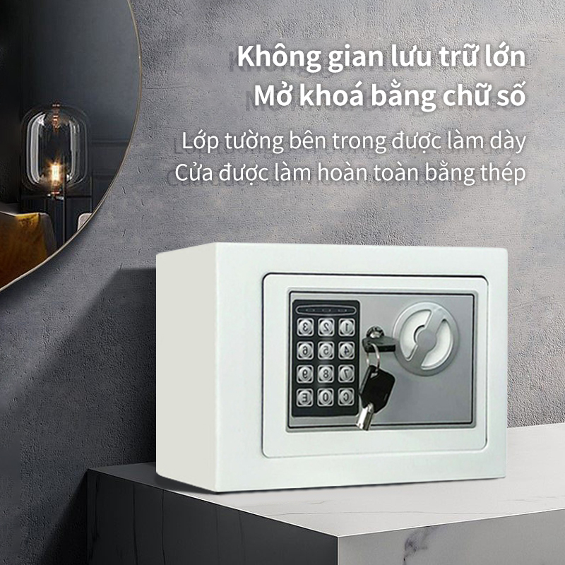 Két sắt mini, , thích hợp cho gia đình, văn phòng và các cảnh khác，Có hai loại khóa có thể sử dụng là khóa mã số  hoặc dùng khóa chìa