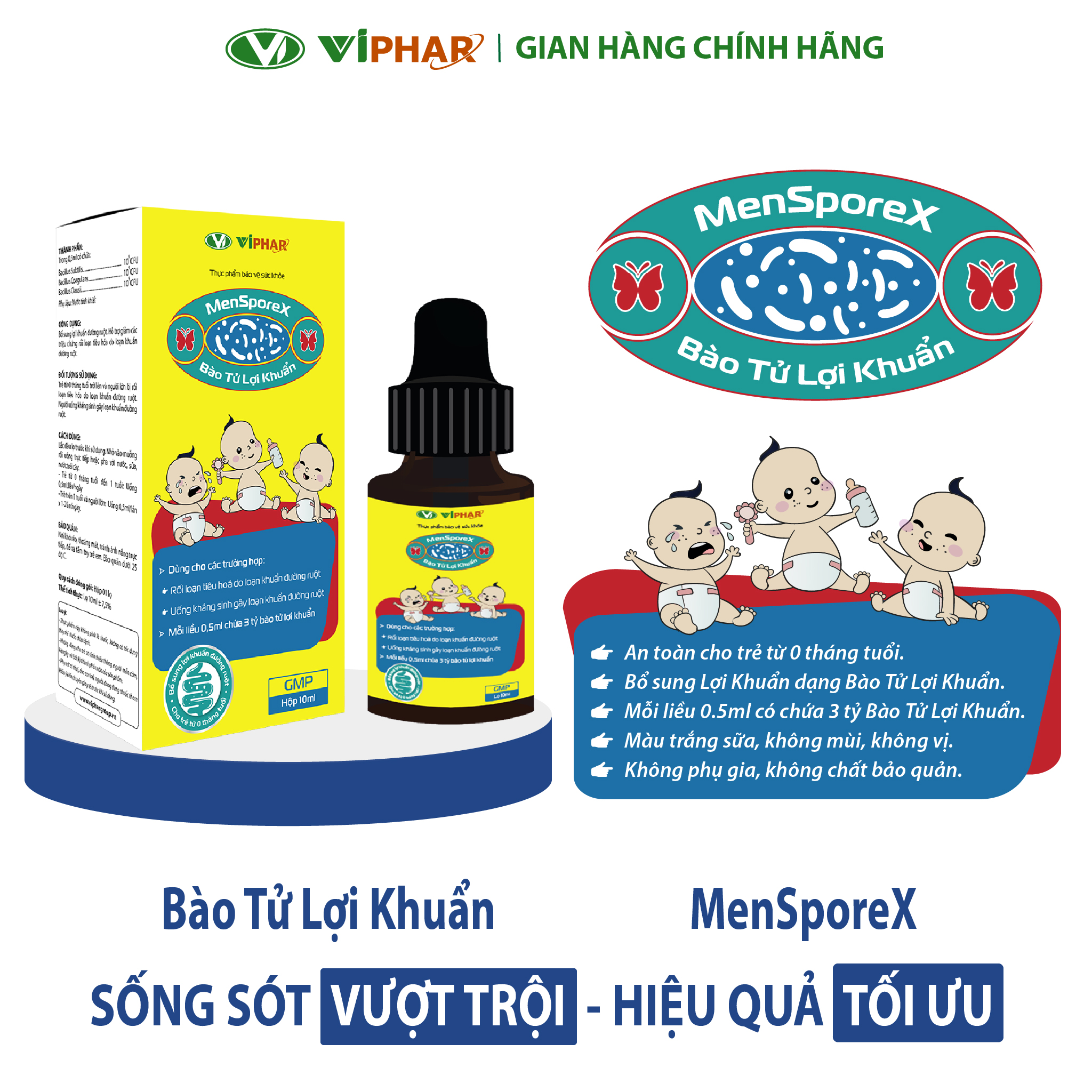 Men vi sinh bào tử lợi khuẩn MenSporeX Viphar giảm rối loạn tiêu hoá, con ăn ngon, tăng cân, lọ 10ml