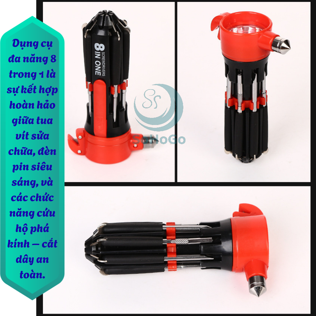 Bộ Tô Vít Cứu Hộ Đa Năng – Đèn Pin, Búa Cứu Hộ, Dao Cắt – Dụng Cụ Cứu Hộ Xe &amp; Sửa Chữa